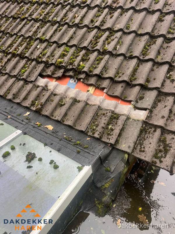 Beschadigd pannendak met ontbrekende dakpannen voor reparatie in Haren Beschadigd pannendak met ontbrekende dakpannen voor reparatie in Haren
