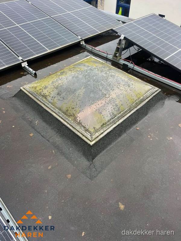 Vervuilde lichtkoepel op plat dak met zonnepanelen in Haren Vervuilde lichtkoepel op plat dak met zonnepanelen in Haren
