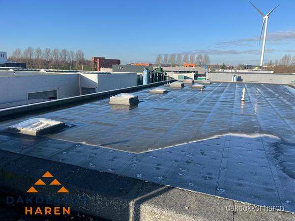 Plat dak bedrijfspand met bitumen dakbedekking en lichtkoepels in Haren